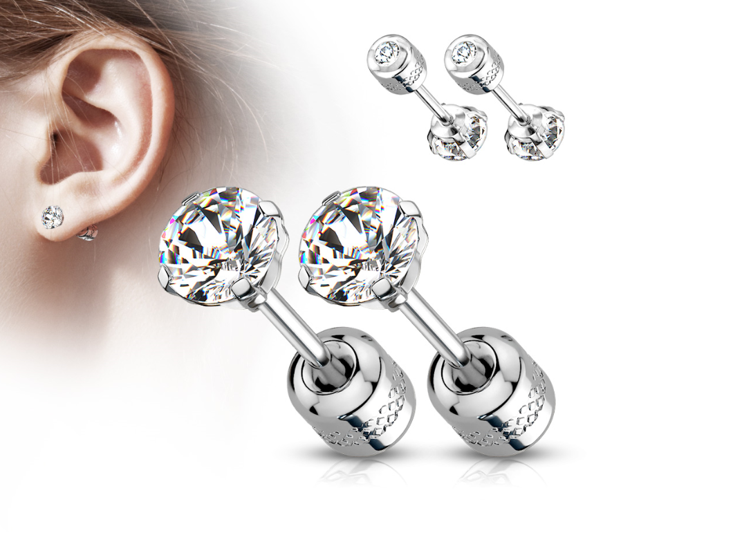 Children's, Teens' and Mothers' Earrings:  Two Earrings in One. Surgical Steel, Anodised, 5mm Round CZ Studs with Screw Backs