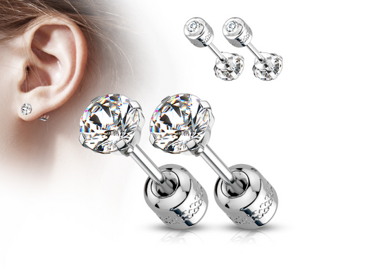 Close-up of a child’s ear wearing a small CZ screw-back stud, next to enlarged product views of the same earrings with CZ-set locking backs