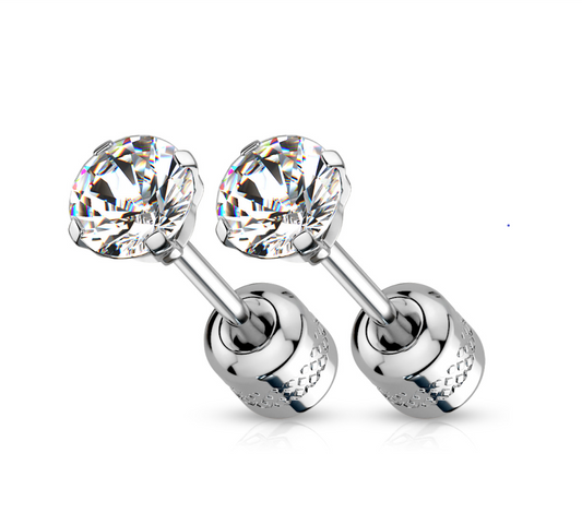 Children's, Teens' and Mothers' Earrings:  Two Earrings in One. Surgical Steel Double Duty AAA 5mm Round CZ Studs with CZ Screw Backs