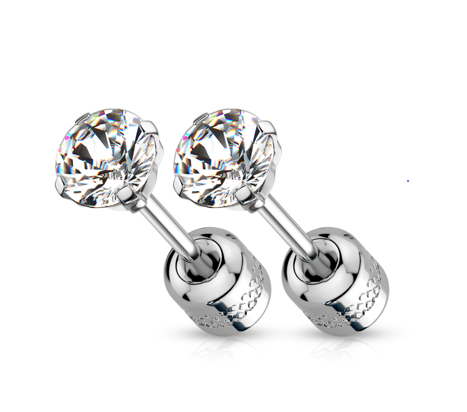 Children's, Teens' and Mothers' Earrings:  Two Earrings in One. Surgical Steel, Anodised, 5mm Round CZ Studs with Screw Backs