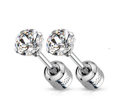 Pair of stainless-steel screw-back stud earrings with round brilliant CZ fronts and cylindrical locking backs, each back set with a tiny CZ—shown on white.