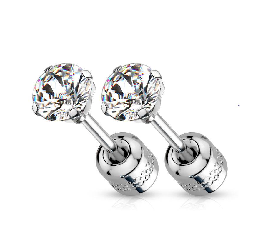 Children's, Teens' and Mothers' Earrings:  Two Earrings in One. Surgical Steel, Gold IP, 5mm Round CZ Studs with Screw Backs