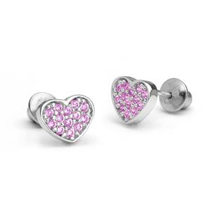 Children's Earrings: Sterling Silver Rimless Pink Pave CZ Hearts with Screw Backs