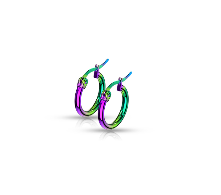 Children's Earrings:  Anodised Surgical Steel Rainbow Hinged Hoops 10mm