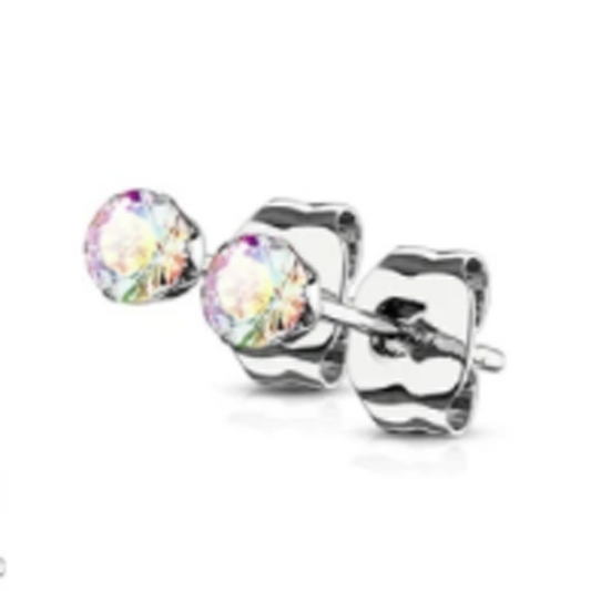 Children's Earrings:  Surgical Steel AAA Aurora Borealis CZ Studs 4mm