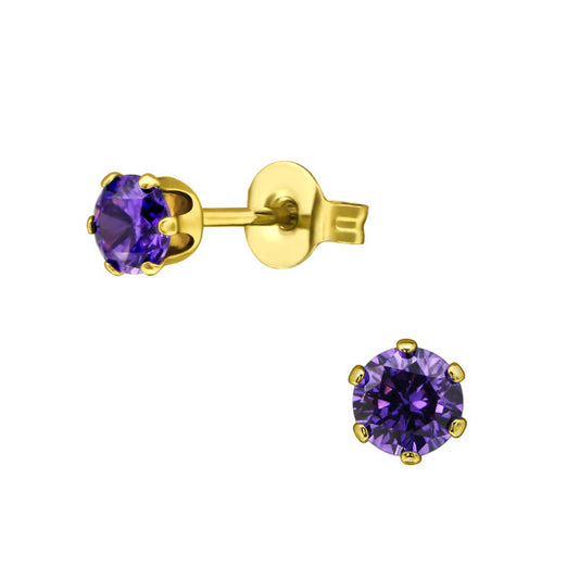 Children's Earrings:  Surgical Steel with Gold IP, 6 Prong Amethyst  CZ Studs 4mm
