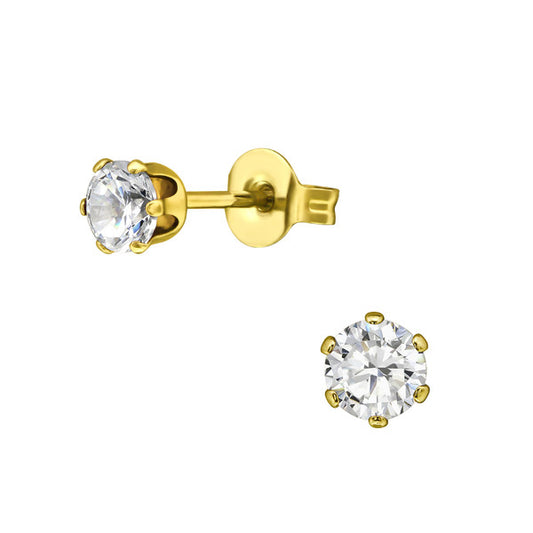Children's Earrings:  Surgical Steel with Gold IP, 6 Prong Clear CZ Studs 4mm