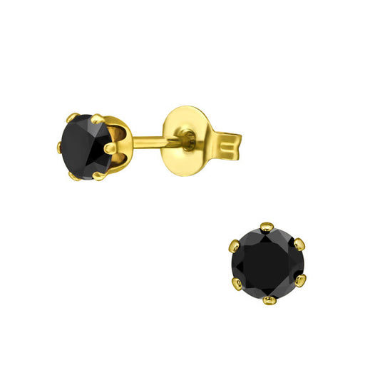 Children's Earrings:  Surgical Steel with Gold IP, 6 Prong Jet CZ Studs 4mm