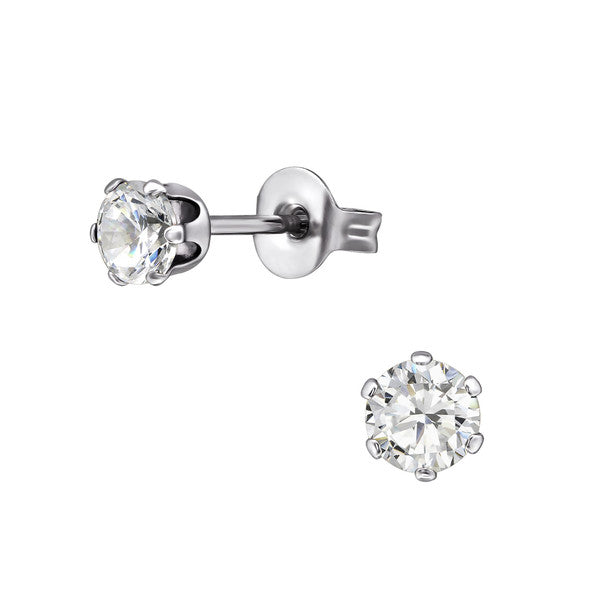 Children's Earrings:  Sterling Silver 6 Prong 4mm Clear CZ Studs