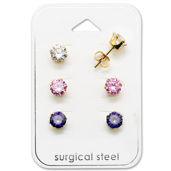 Children's and Teens' Earrings:  Surgical Steel, Gold IP 6mm Pink, White and Purple CZ Studs x 3 Gift Pack