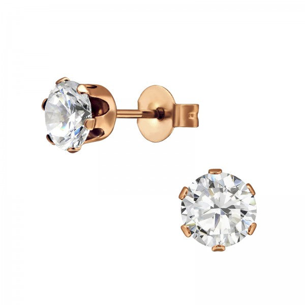 Children's, Teens' and Mothers'Earrings:  Surgical Steel, Rose Gold IP, 6 Prong, Clear CZ Studs 6mm
