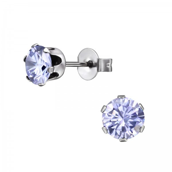 Children's, Teens' and Mothers'Earrings:  Surgical Steel Lavender 6 Prong AAA CZ Studs 6mm