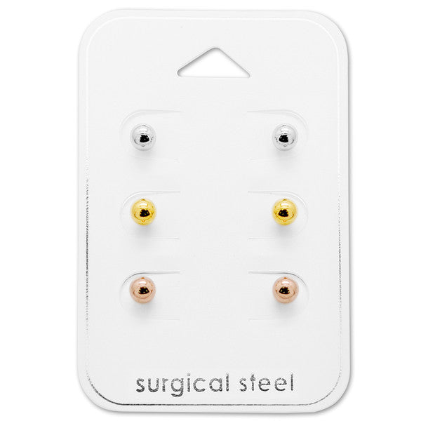 Children's Earrings:  Surgical Steel, Rose Gold, Yellow Gold IP Ball Studs Gift Pack of 3 Pairs