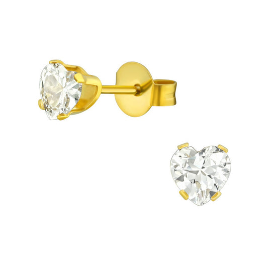 Children's Earrings:  Surgical Steel Gold IP Clear Crystal Heart Studs 5mm
