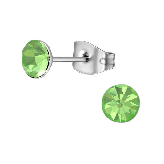 Children's, Teens' and Mothers'Earrings:  Surgical Steel Peridot CZ Studs 6mm