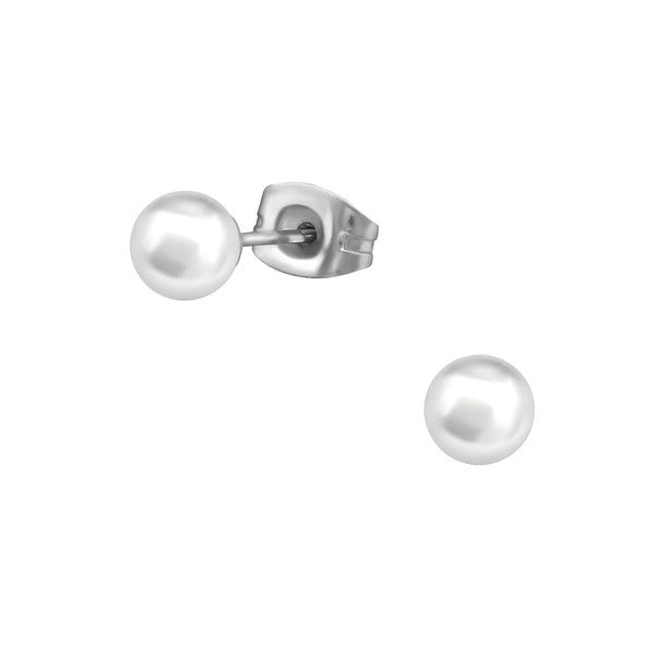 Children's and Teens' Earrings:  Surgical Steel White Pearl Earrings 4mm