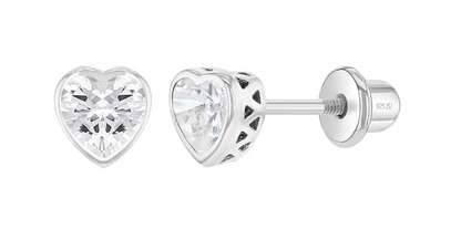 Heart-shaped clear cz earrings with silver posts on a white background