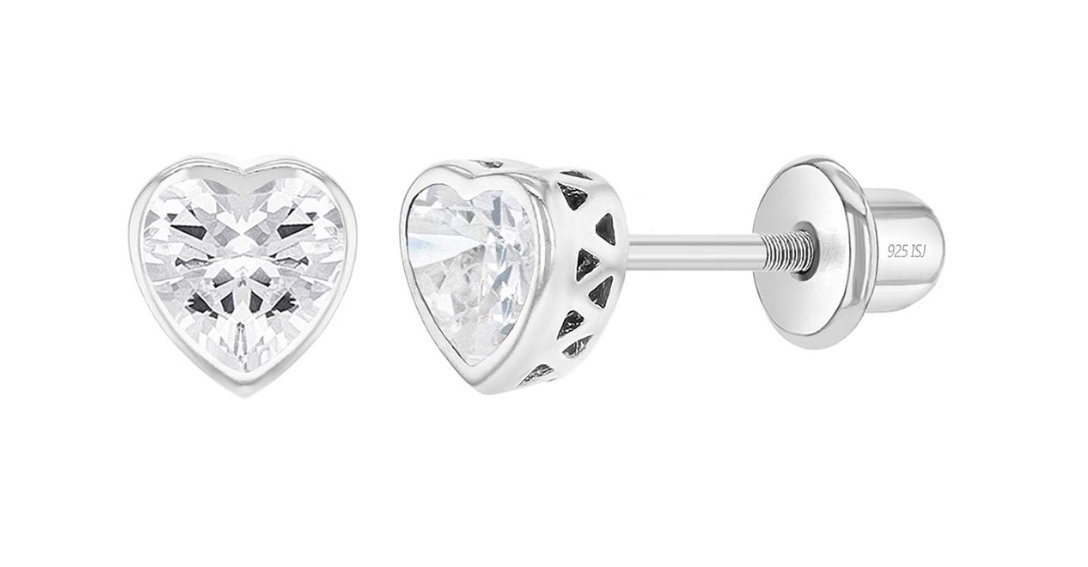 Baby Earrings:  Sterling Silver Bezel Set  Ruby CZ Hearts with Screw Backs
