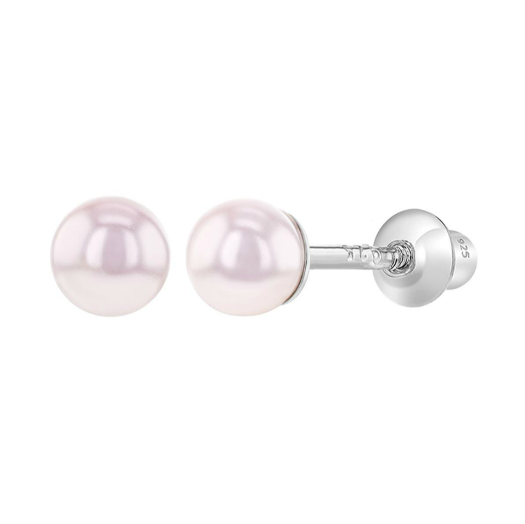 Children's Earrings:  Sterling Silver 5mm Creamy Pale Pink Pearl Earrings with Screw Backs