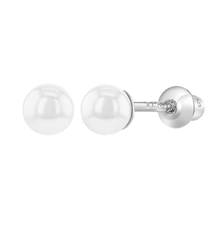 Children's, Teens' and Mothers' Earrings:  Sterling Silver 6mm White Pearl Earrings with Screw Backs