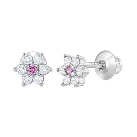 Baby and Children's Earrings:  Sterling Silver White Pink CZ Flower Earrings with Screw Backs 4mm