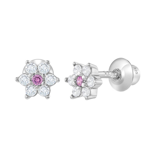 Baby and Children's Earrings:  Sterling Silver White Pink CZ Flower Earrings with Screw Backs 4mm