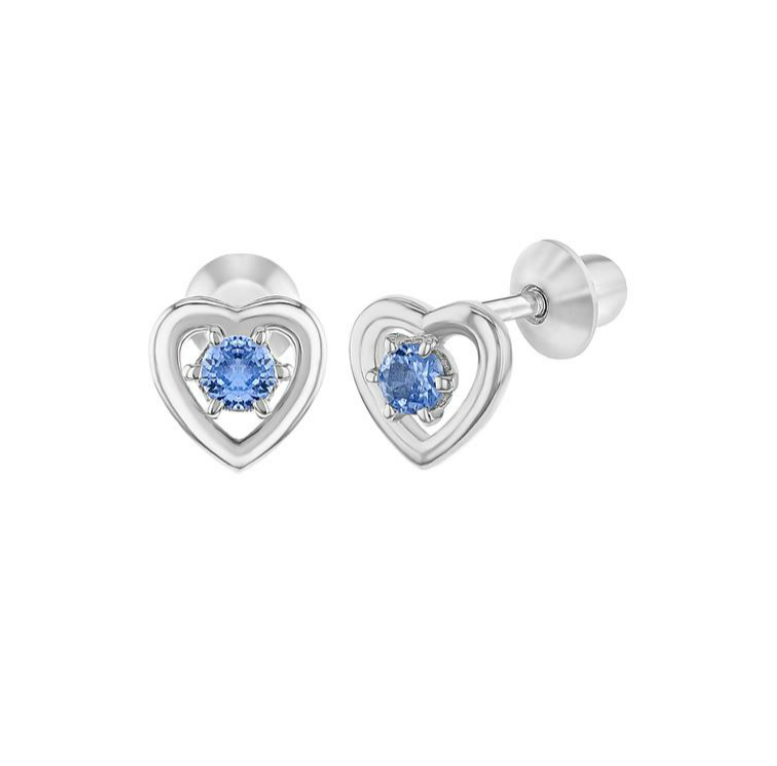 Baby and Children's Earrings:  Sterling Silver Open Heart with Blue CZ Screw Back Earrings