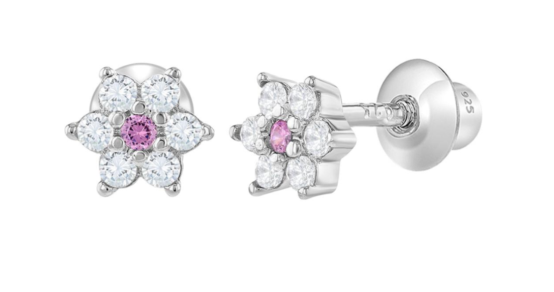 Baby and Toddler Earrings:  Sterling Silver Ruby Centre with White CZ Flowers with Screw Backs