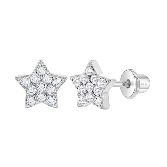 Children's Earrings:  Sterling Silver Clear CZ Stars with Screw Backs