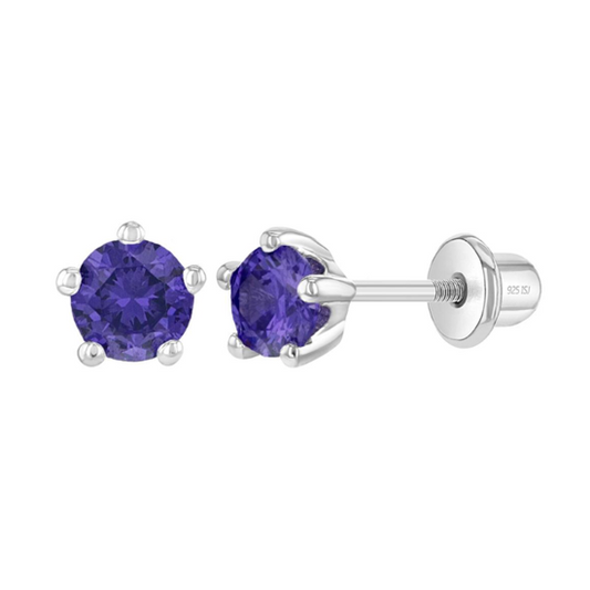 Baby and Children's Earrings:  Sterling Silver Five Prong 4mm Amethyst CZ with Screw Backs Age 1 - 12
