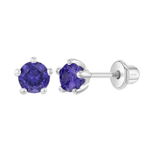 Baby and Children's Earrings:  Sterling Silver Five Prong Purple 4mm CZ with Screw Backs Age 1 - 12