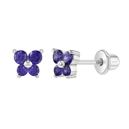 Children's Earrings:  Sterling Silver/Purple CZ Flower Screw Back Earrings