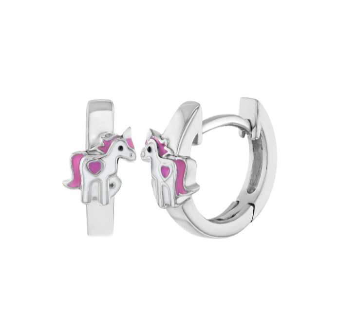 Baby and Children's Earrings:  Sterling Silver Huggies with Enamelled Unicorn