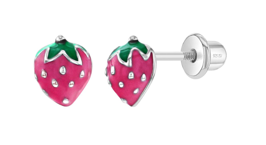 Baby Earring:  Sterling Silver Hand Enamelled Strawberries with Screw Backs
