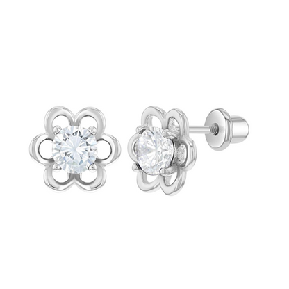 A pair of sterling silver flower shaped stud earrings with sparkling clear cubic zirconia centres and screw backs on a white background 