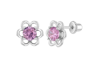 A pair of silver flower shaped stud earrings with sparkling pink cubic zirconia centres and screw backs on a white background