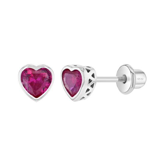 Baby Earrings:  Sterling Silver Bezel Set  Ruby CZ Hearts with Screw Backs