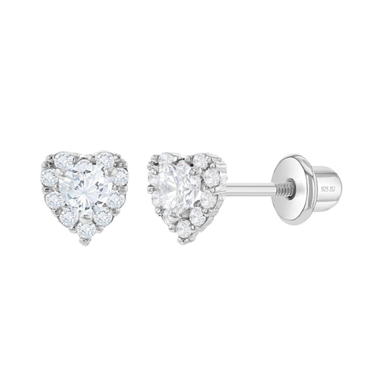 Baby and Children's Earrings:  Sterling Silver Clear CZ Hearts with Screw Backs