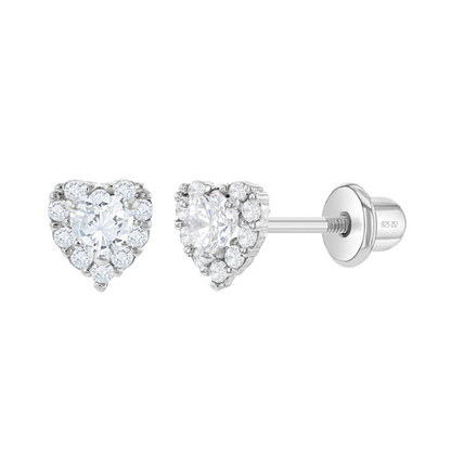 A pair of sterling silver heart earrings with clear cubic zirconia stones and screw back closures for babies and children.