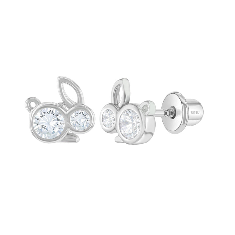 Baby and Children's Earrings:  Sterling Silver CZ Bunny Rabbits with Screw Backs