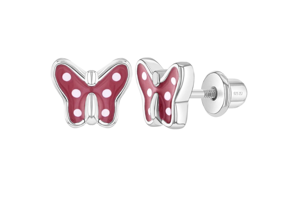 Baby and Children's Earrings:  Sterling Silver Red/White Dotty Butterfly Earrings with Screw Backs