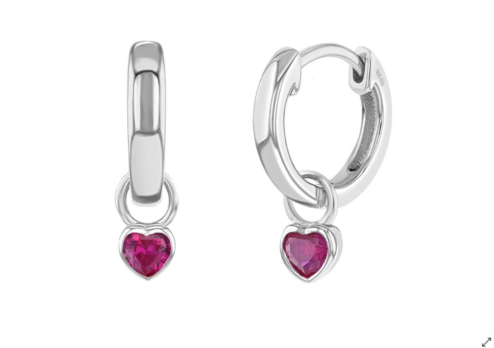 Children's Earrings:  Sterling Silver Hoops 11mm with Ruby CZ Hearts