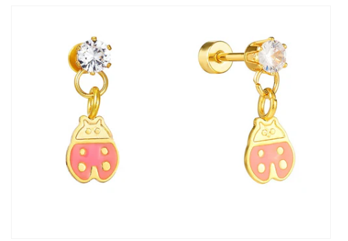 Children's Earrings:  Sweetheart Collection:  Hypoallergenic Steel with 14k Gold IP, Pink Ladybug Dangle Earrings with Screw Backs