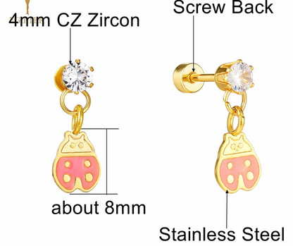 Children's Earrings:  Sweetheart Collection:  Hypoallergenic Steel with 14k Gold IP, Pink Ladybug Dangle Earrings with Screw Backs with Gift Box