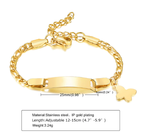 Baby and Children's Bracelets:  Steel with Gold IP Engravable Bracelets with Butterfly Age 3 Months to 5 Years