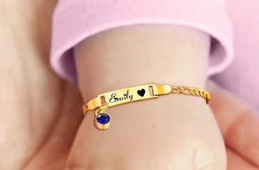 Baby and Children's Bracelets:  Steel with Gold IP Engravable Bracelets with Pink CZ Charm - Age 3 Months to 5 Years