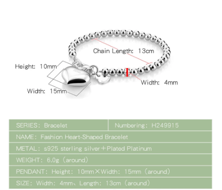 Baby Bracelets:   Sterling Silver Premium, Hallmarked, Heart Charm Ball Bracelets 13+1cm, with Gift Box