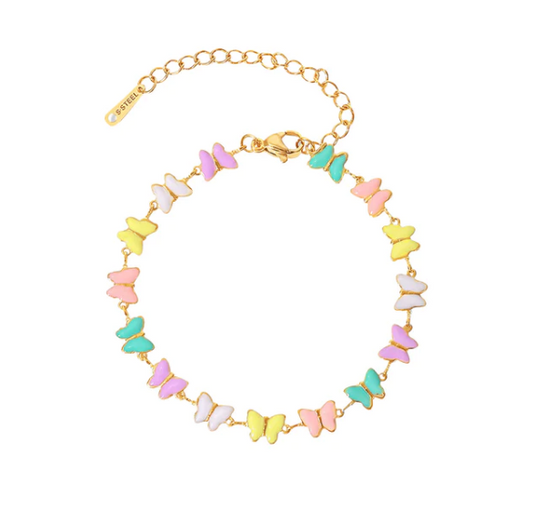 Children's and Teens' Bracelets:  Steel with Gold IP, Colourful, Enamelled Butterflies 17cm + Ext.