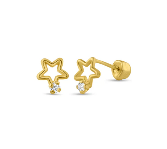 Baby and Children's Earrings:  14k Gold Open Stars with CZ, with Screw Backs and Gift Box