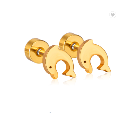 Children's Earrings:  Steel with Gold IP Dolphins with Screw Backs Age 3 - Teens